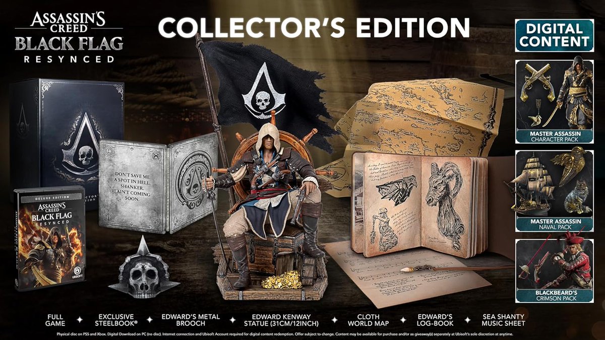 The Collector's Edition of Assassin's Creed Black Flag Resynced will cost $200 and includes:

- Full game
- Edward Kenway statue
- Edward's metal brooch
- Sea shanty music sheet
- Steelbook