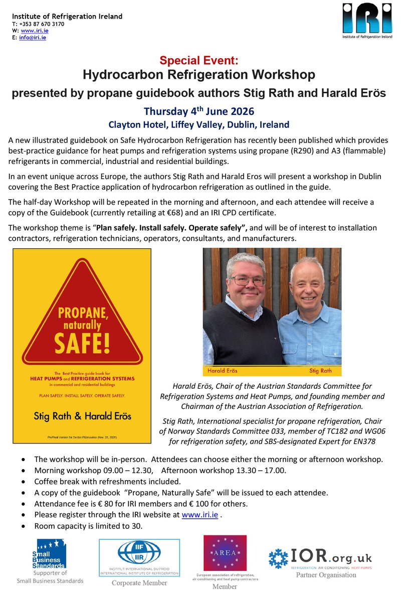 InstituteofRef's tweet photo. Thursday 4th June 2026 – IRI Hydrocarbon Refrigeration Workshop, 
Bookings are open to members first then open to everyone else from Tuesday 28th April 2026. 
Book your place here https://t.co/Y8dgddLU5q https://t.co/pNI6Biev1J