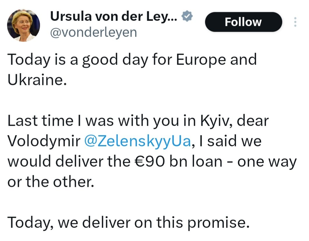 A good day for Europe? Saddling 450 million EU citizens with another €90B in debt - without their consent - is reckless governance.

Europeans, already squeezed by inflation, stagnating wages, and rising costs, will once again be forced to carry the burden of others’ debt while