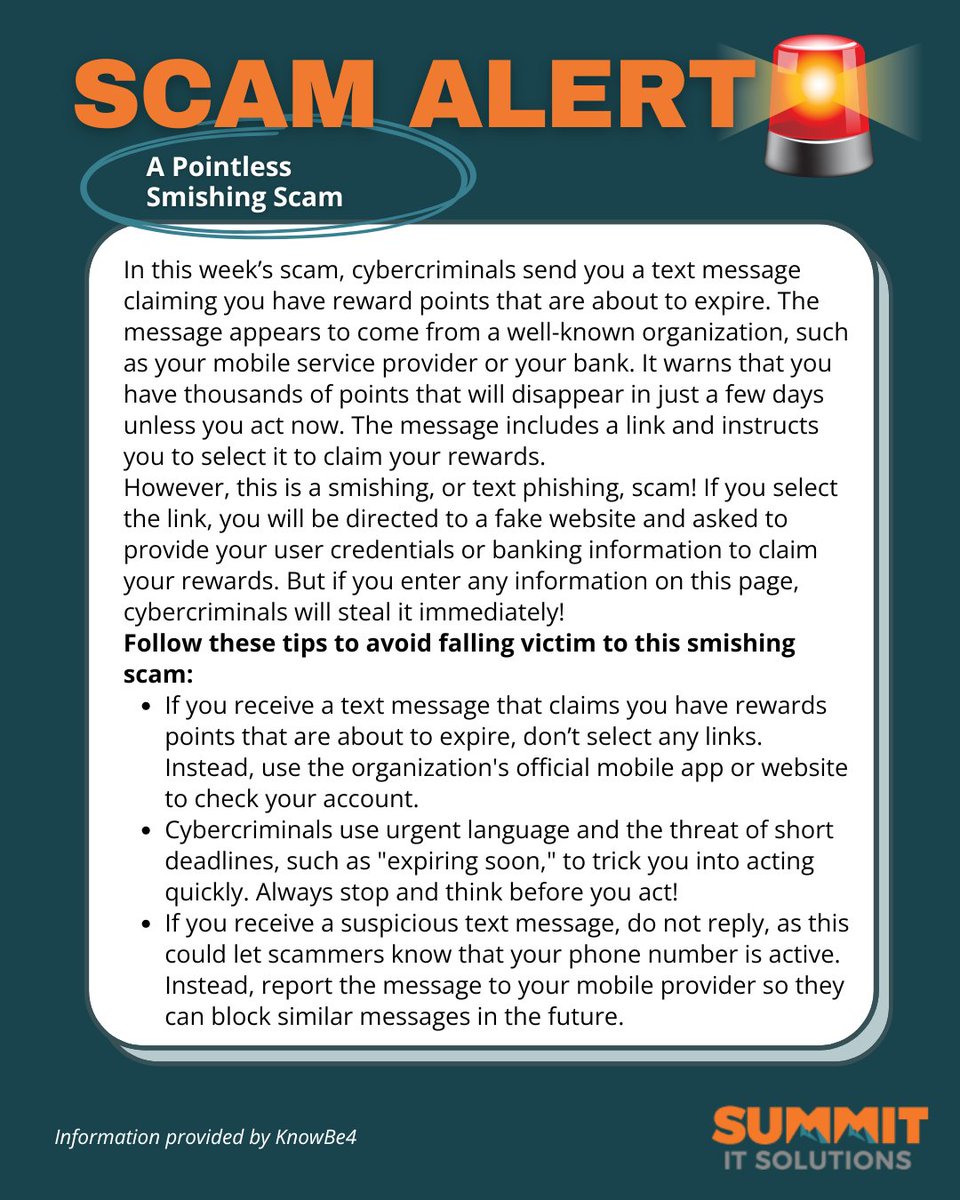 SummitITAkron's tweet photo. Beware of “reward points expiring” texts. These messages are smishing scams that lead to fake websites designed to steal your personal or banking information.

#smishing #scam #cybercrime https://t.co/5boSEoCtPl