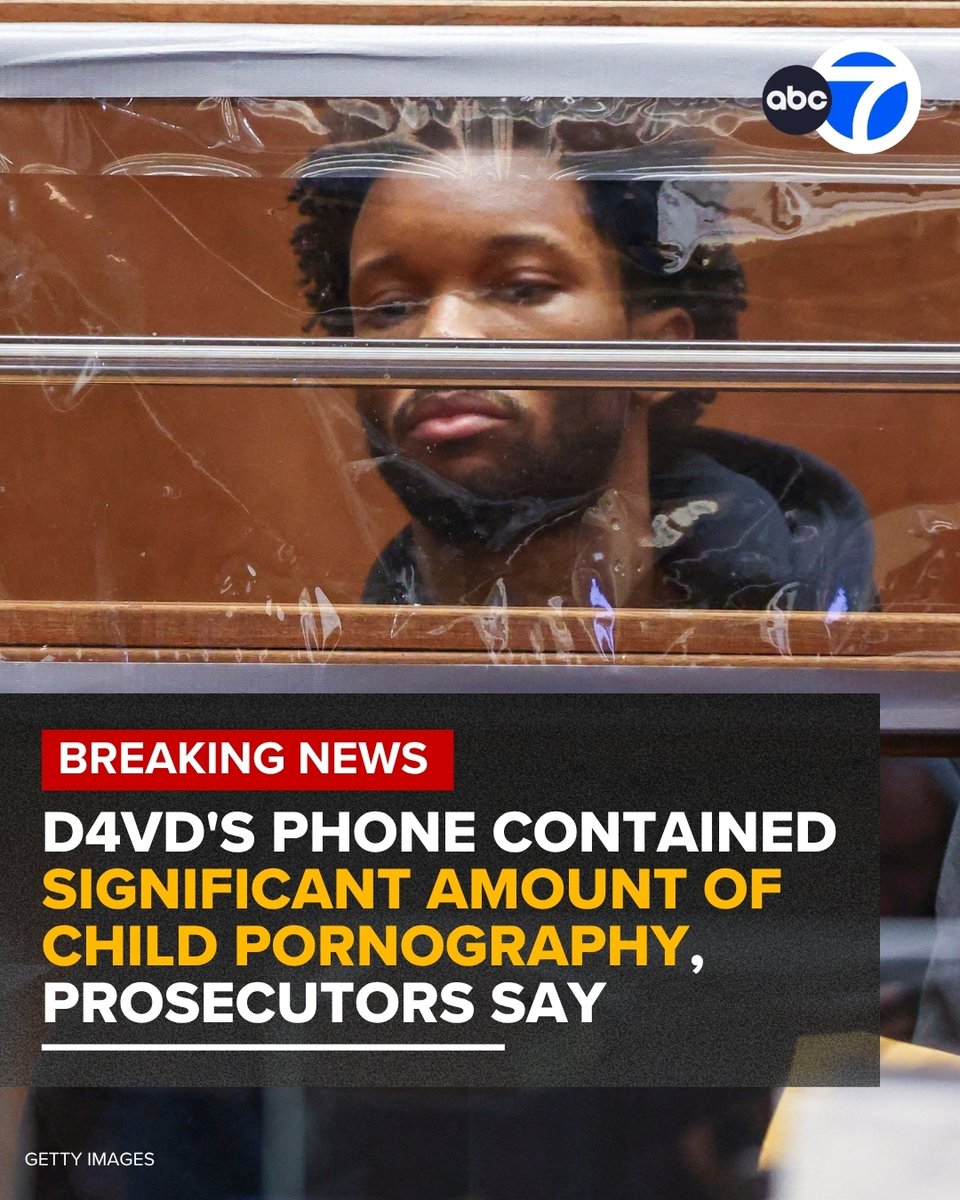 ABC7's tweet image. #BREAKINGNEWS: A "significant amount" of child pornography was discovered on a phone belonging to singer D4vd, who's accused of murdering a teen girl, prosecutors said during a hearing on Thursday. spr.ly/6012BBE44Y