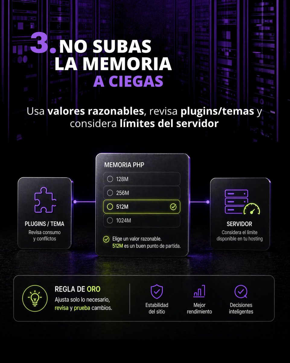 WebziApp's tweet image. ¿Tu WordPress marca “Allowed memory size exhausted” o “Out of memory”?

Eso significa que alcanzó el límite de memoria PHP. 

Guía completa:
webzi.mx/help/como-aume…

#Webzi #WordPress #cPanel #PHP #WPConfig