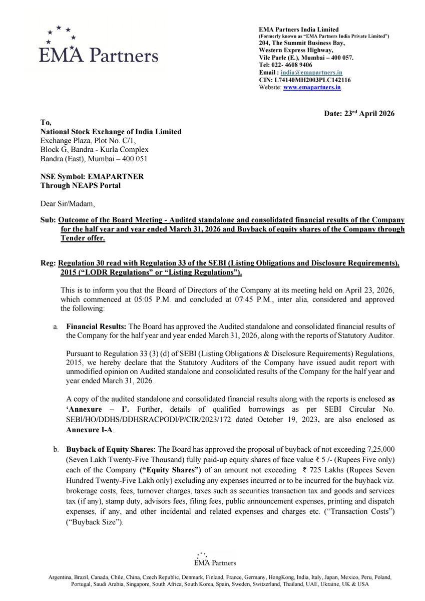 nileshkurhade's tweet photo. π EMA Partners India Limited informed the exchange about its approval for the financial results for the period ended March 31, 2026. #SME #EMAPARTNER ππ§Ύ https://t.co/4LS423xPlc