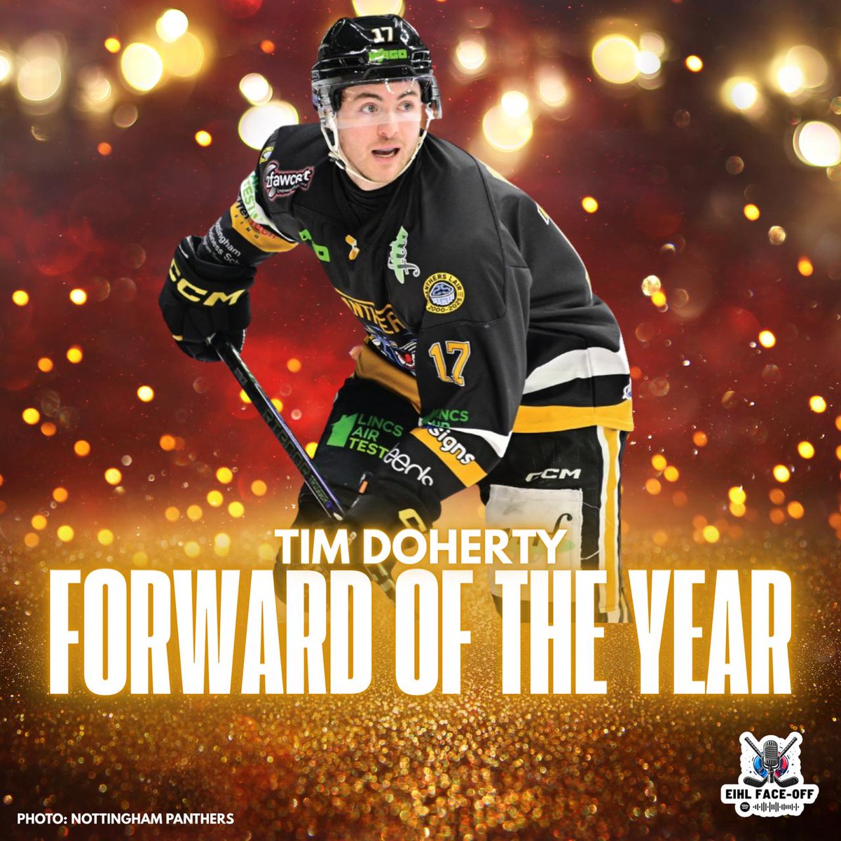 EIHLFaceOff's tweet photo. FORWARD OF THE YEAR!
TIM DOHERTY OF @PanthersIHC 

Stats across all @officialEIHL competitions this season:
69 Games Played
64 Points
23 Goals
41 Assists