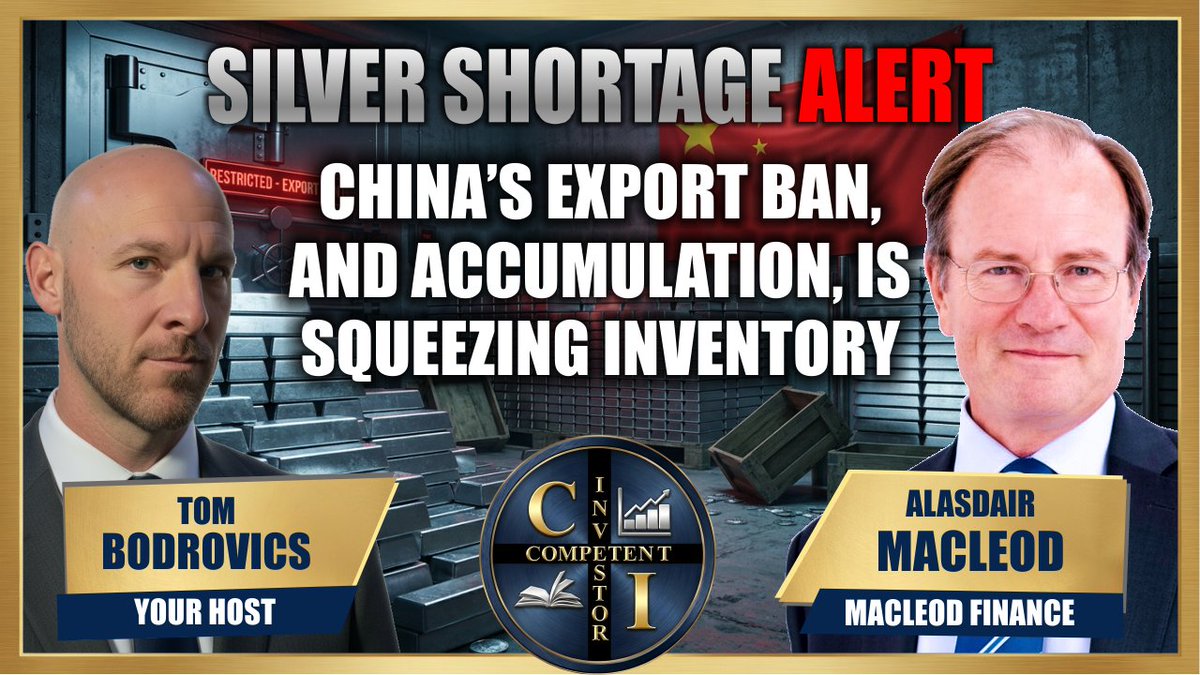 competentmanpod's tweet image. China's export ban on silver is squeezing global inventory. As Alasdair Macleod notes, China is stockpiling for its own needs, impacting market dynamics. What does this mean for silver prices? #SilverShortage #MarketTrends @MacleodFinance youtu.be/_R5cx6jl22s