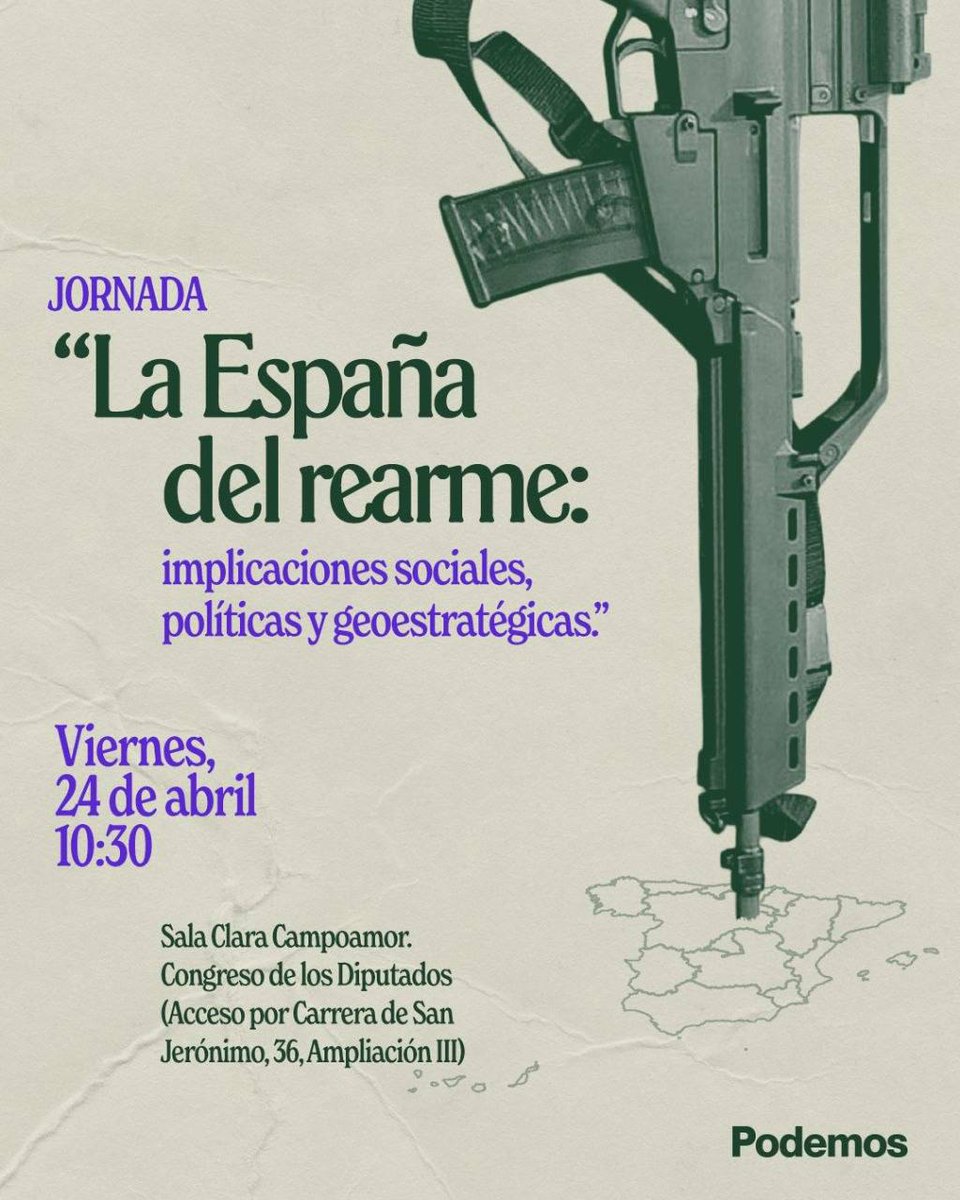 Podemos_CMad's tweet image. 📣 Jornada: “La España del rearme: implicaciones sociales, políticas y geoestratégicas”

Un debate imprescindible sobre el rumbo que quieren imponer y sus consecuencias para la mayoría social.

✍️ Inscríbete aquí: participa.podemos.info/inscripcion-es…

#NoALaGuerra #Paz #Política