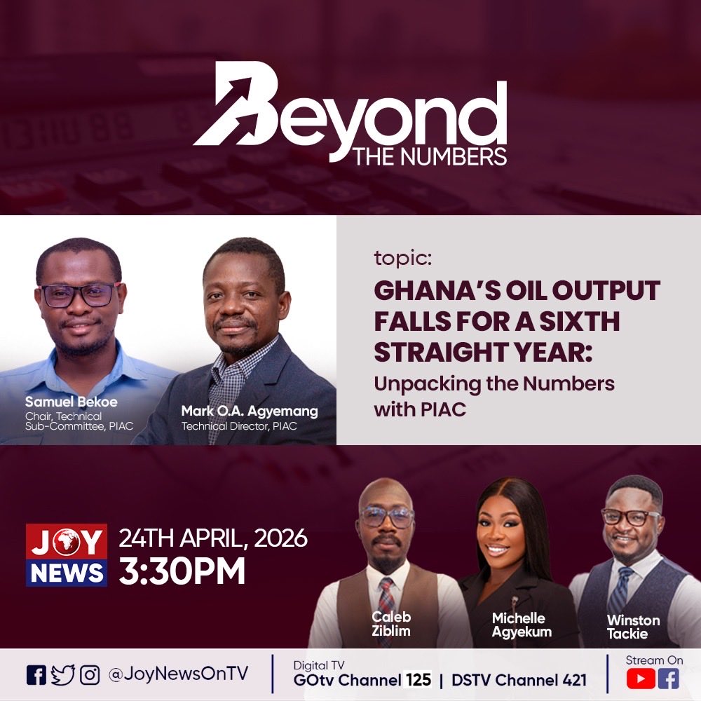 PIACGhana's tweet photo. Spotlight on 2025 PIAC Annual Report 

The discussion on the PIAC 2025 Annual Report continues on Joy News. Make a date with the PIAC team as they discuss the declining trend of crude oil production. 

Be part of the discussion. 

#PIAC
#PetroleumRevenue
#Accountability https://t.co/um2lJSyqiv