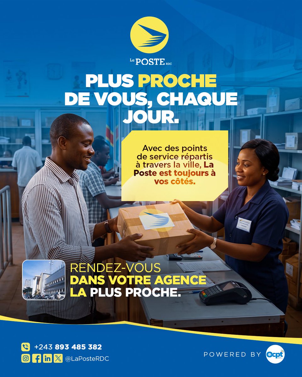poste_rdc's tweet photo. Plus proche de vous, chaque jour !

Passez dans votre agence La Poste la plus proche !

#LaPosteRDC #Proximité #ServiceClient https://t.co/Sv3Arusc6r