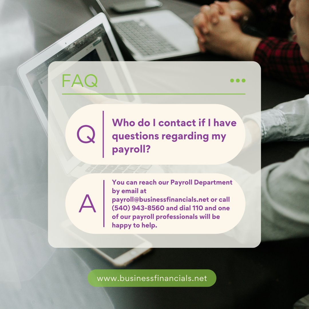 BFI_Virginia's tweet image. FAQ time! Reach out to us.

#BFI #BusinessFinancials #SmallBusinessSupport #Accounting #BookKeeping #Payroll #TimeClock #HRSolutions #SmallBusiness #TaxPrep