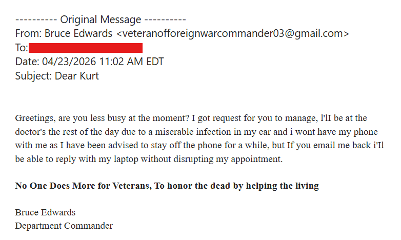 pierson_pat's tweet photo. Hey @gmail can you shutdown veteranofforeignwarcommander03[@]https://t.co/hFOYaenpfv its trying to scam veterans. @VFWHQ for SA. https://t.co/8yXwFpemgj