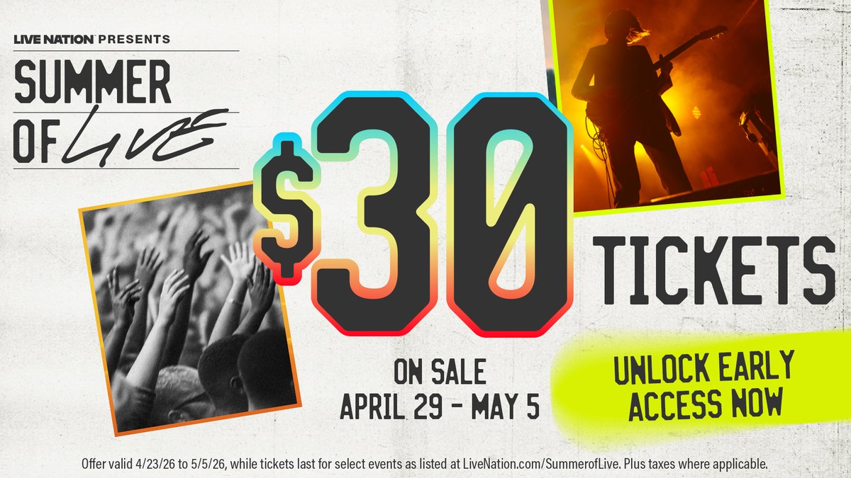 pavilion's tweet photo. Make it a Summer of Live! $30 Tickets are coming April 29 - May 5. Live Nation All Access members get early access now – it’s free to join and only takes a minute.

GET TICKETS 👉 https://t.co/Pyt0hUX5Ct https://t.co/oayLZXGNgT