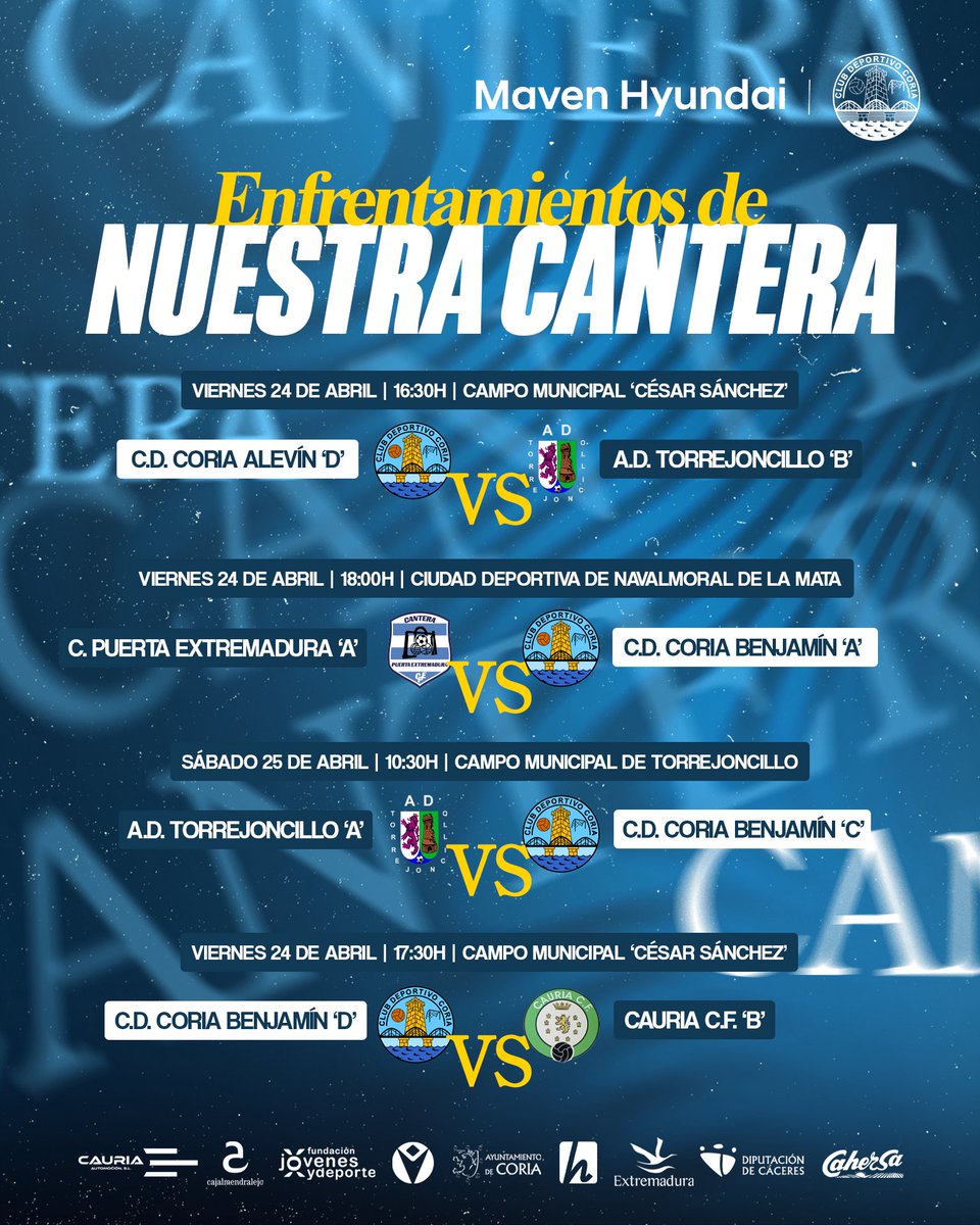 CanteraCDCoria's tweet photo. 🏟 ¡ENFRENTAMIENTOS DE NUESTRA CANTERA PARA ESTE FIN DE SEMANA!

📲 #MiCorazonLateCeleste https://t.co/KQ5TcY92tS