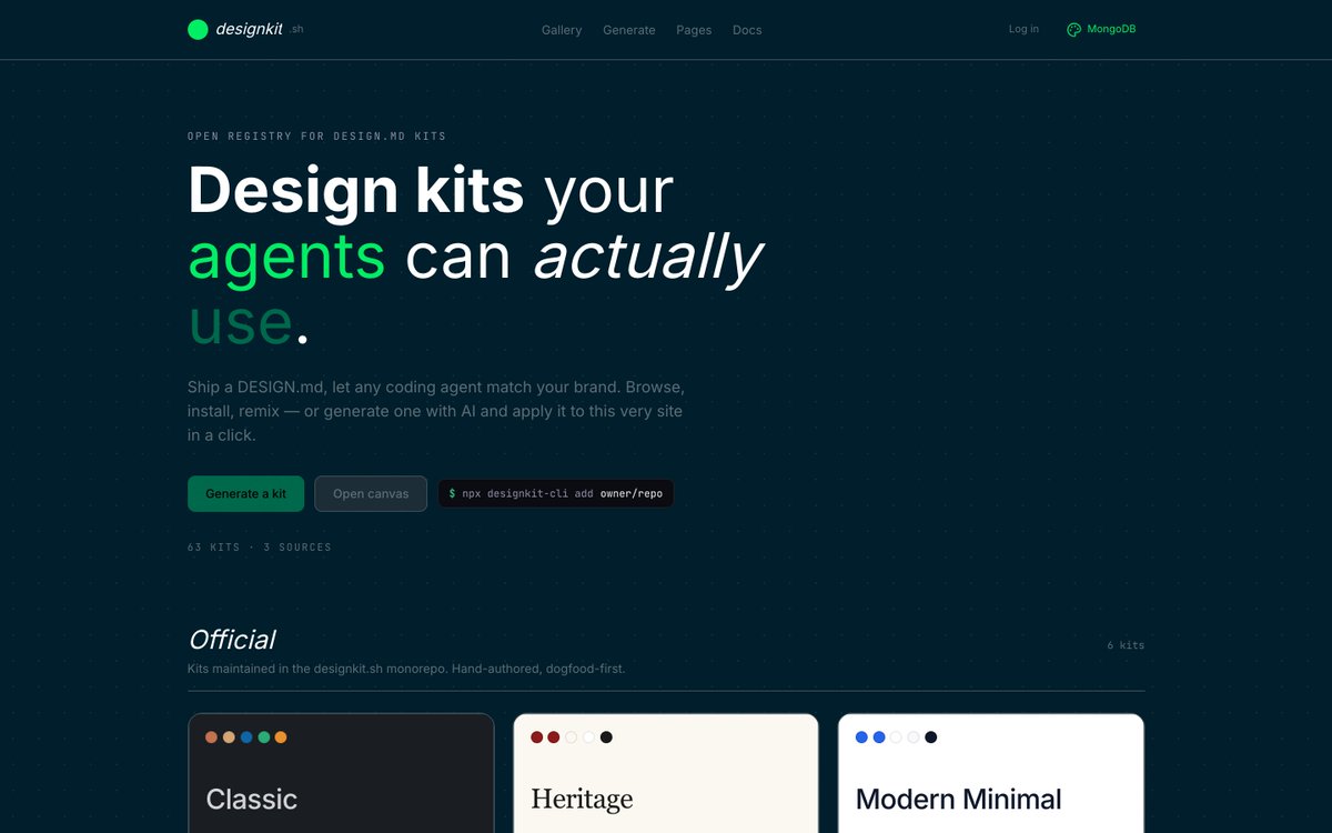 agentik_ai's tweet photo. I built an open registry of DESIGN.md kits that your AI agents will love !

60+ brands, generate your own from a prompt, publish under your handle. Like npm, but for design tokens.

designkit . sh — https://t.co/ASL6mBoaac