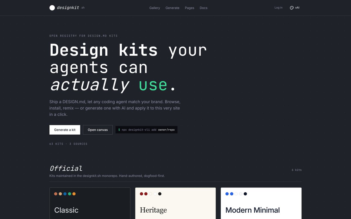 agentik_ai's tweet photo. I built an open registry of DESIGN.md kits that your AI agents will love !

60+ brands, generate your own from a prompt, publish under your handle. Like npm, but for design tokens.

designkit . sh — https://t.co/ASL6mBoaac