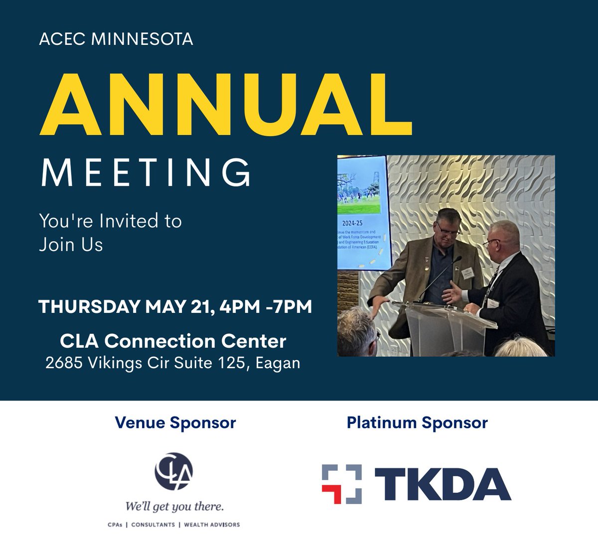 ACECMN's tweet photo. Save the Date 📣 ACEC MN 2026 Annual Meeting
 May 21 | 4–7 PM |  Eagan

Network with peers, celebrate leadership, hear key updates, and enjoy drinks in a relaxed setting.
Members $50 &amp; YPs/Students $30
Don’t miss this signature member event!

https://t.co/pAGqIOMh36 https://t.co/U1A35hMgCF