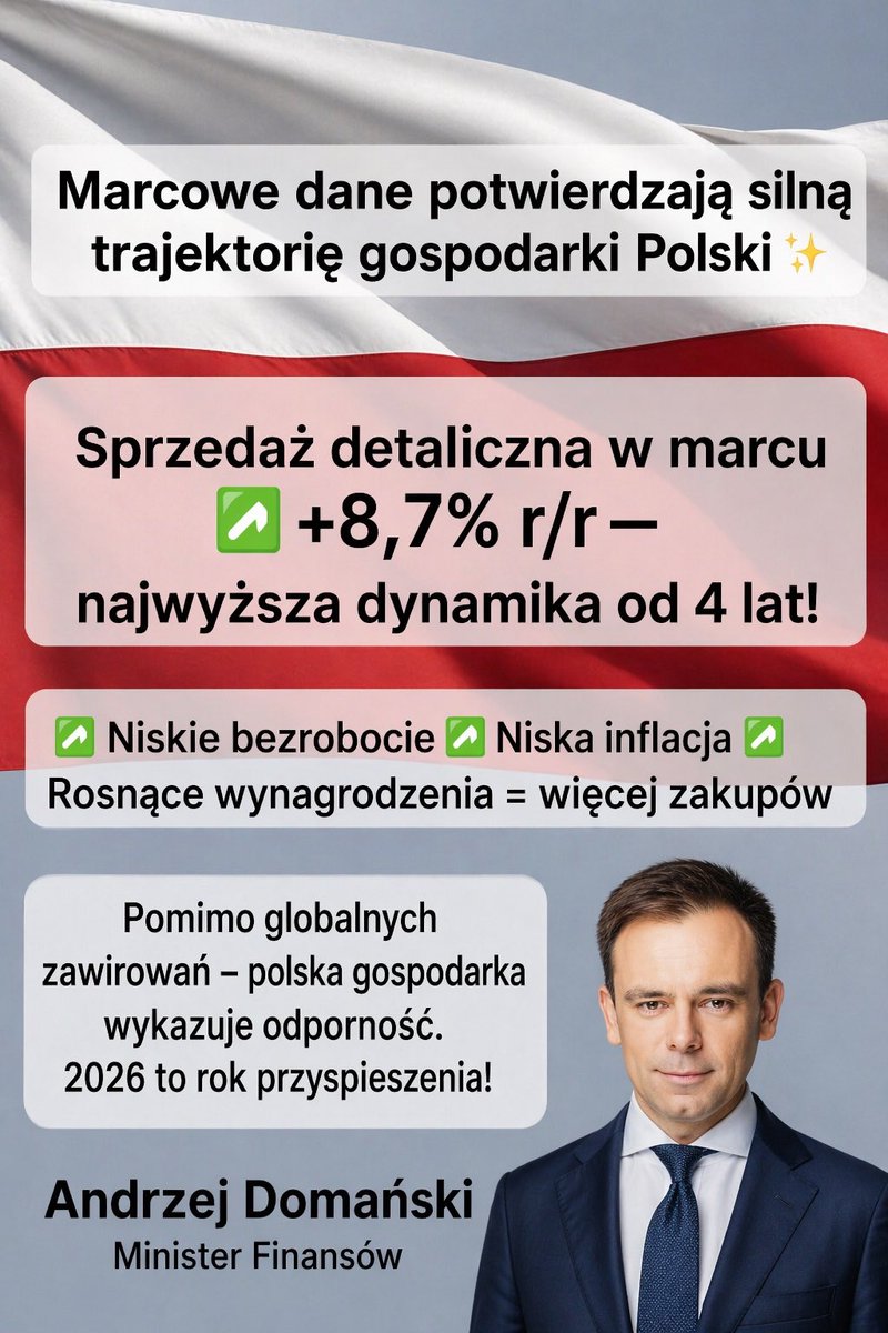 PiS przez 8 lat traktował unijne miliardy jak teściową na weselu – Efekt? KPO zamrożone, fundusze spójności w hibernacji, a Morawiecki opowiadał bajki o suwerenności.
No i proszę – 
PREMIER MIAŁ RACJĘ.
2026 = ROK PRZYSPIESZENIA! 

Sprzedaż detaliczna +8,7% (najwyższa od 4 lat),