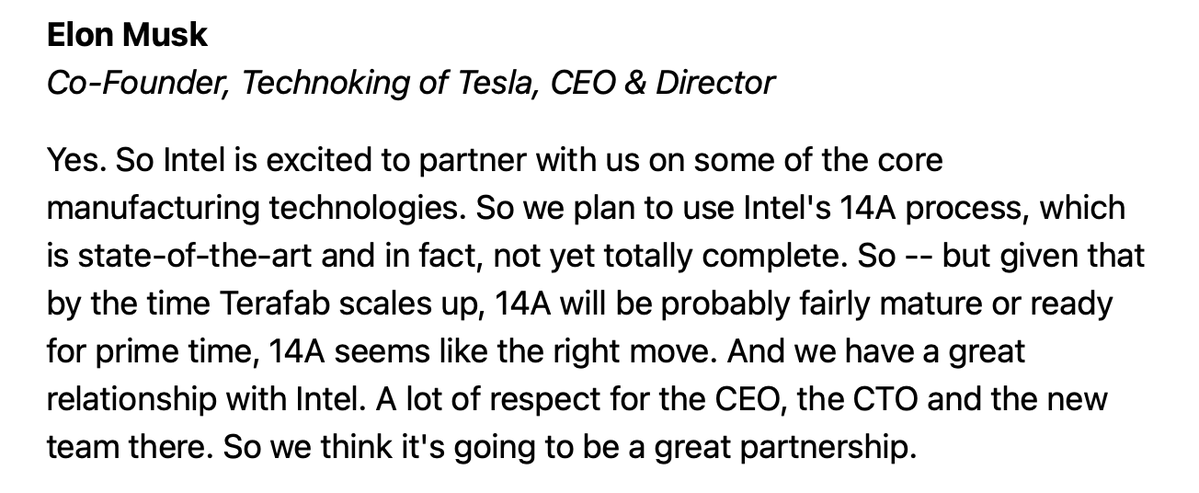 mingchikuo's tweet image. From another angle, the key reason Terafab chose Intel is the lack of real alternatives. TSMC's capacity is effectively locked in for years by high-margin demand, while Samsung continues to ride the memory supercycle with outsized returns. With visibility for both companies out