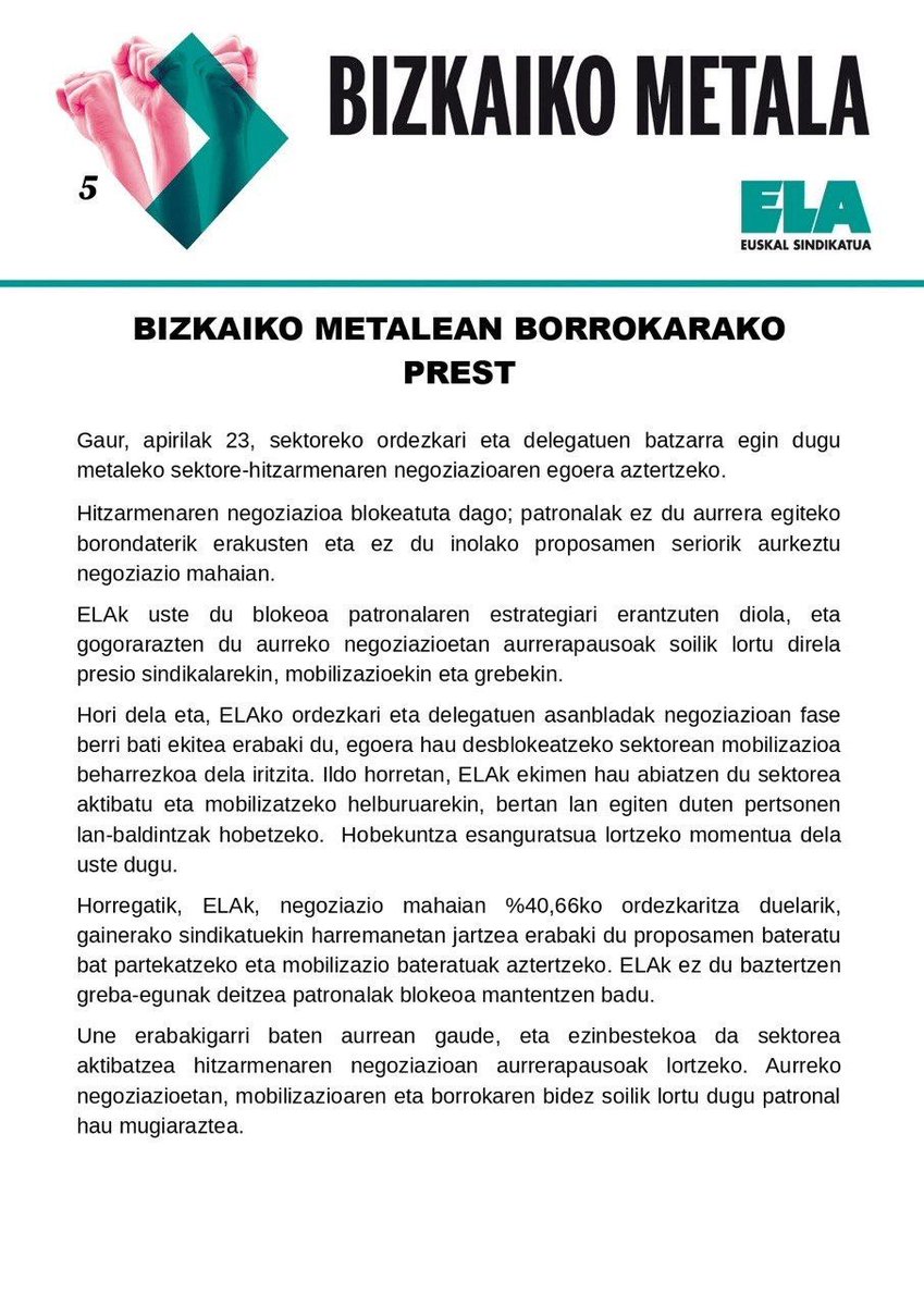 ELAMetalBizkaia's tweet photo. Asanblada jentetsua eta ideiak garbi. Bizkaiko metalean, blokeoaren aurrean ,BORROKARAKO PREST!!! @ELAGernikDurang @ELAEskumaldea @ELAEzkerKadagua @ELAIbaizNerbioi https://t.co/njXcgIMvEy