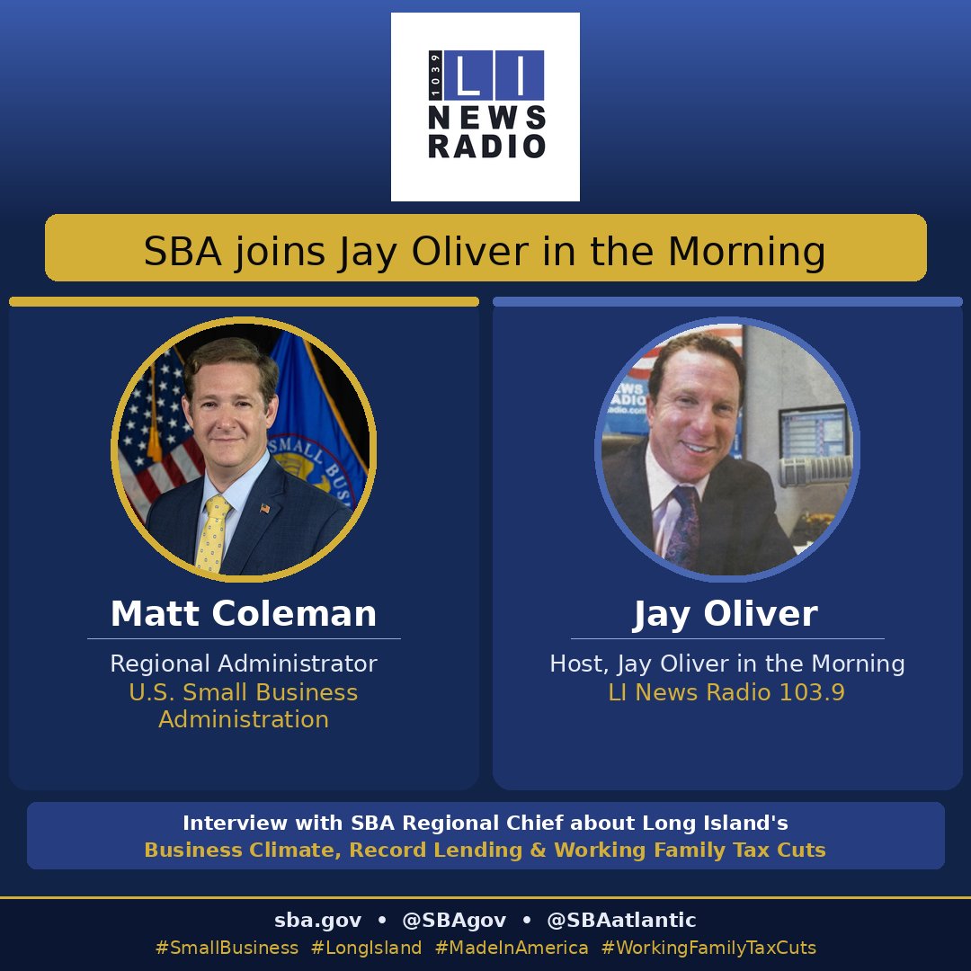 SBAatlantic's tweet image. 🔊LISTEN: @SBAgov Regional Administrator
@MattColeman123 joins @JayOliverLINews
on @linewsradio to talk record capital to #smallbiz to #MainStreet #entrepreneurs in @NassauCountyNY
&amp;amp; @suffolkcountyny, plus benefits of @POTUS' #WorkingFamilyTaxCuts

bit.ly/41N8RdV