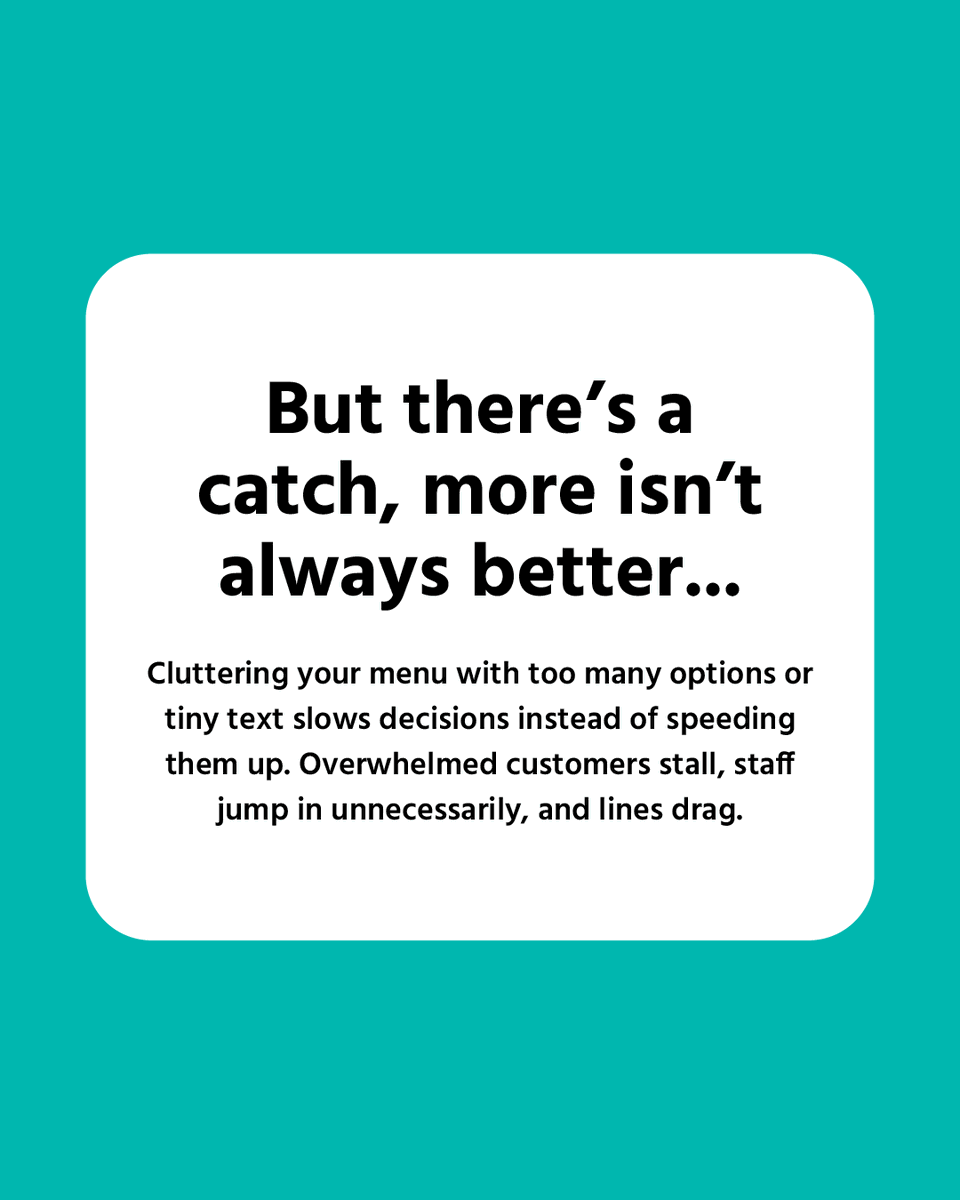 SkoopSignage's tweet photo. Your menu might be the reason your line is slow.

Cram them with too many options, tiny text, and clutter? Now customers are confused and the line is out the door in a way you don't want.

Stop losing sales to bad menus with Skoop: https://t.co/Jyd57SnQby

#SkoopSignage https://t.co/ubi14gi6tu