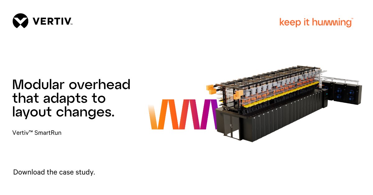 Vertiv's tweet image. Vertiv™ SmartRun uses modular overhead blocks that adapt to layout changes, supporting Compass’s repeatable build model. See how modular overhead supports repeatable, layout‑ready builds: ms.spr.ly/6013Q22jN

#EndToEndSystems #IntegratedSystems #AIDataCenters
