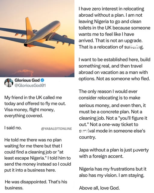 yabaleftonline's tweet photo. Man shares why he refused to relocate abroad despite having a sponsored trip opportunity https://t.co/AKb9vGlxUd
