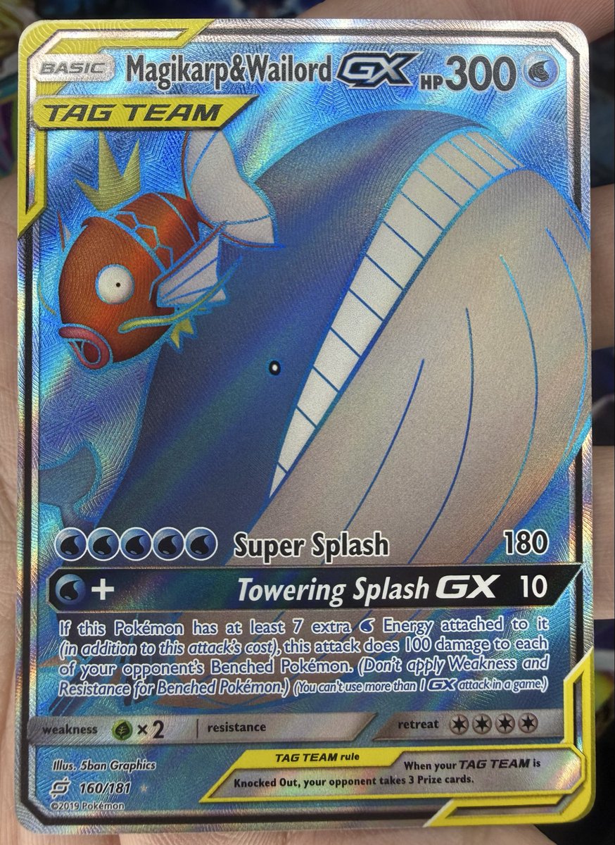 WrenchPullsTCG's tweet image. Good afternoon! Hope everyone is having a wonderful day. Let’s get right to it. 

It’s the card of the day! 🛠️

Magikarp &amp;amp; Wailord GX (Full Art) | 160/181 | Team Up

#cardoftheday #pokemoncards #collectibles #pokemon #pokemoncommunity