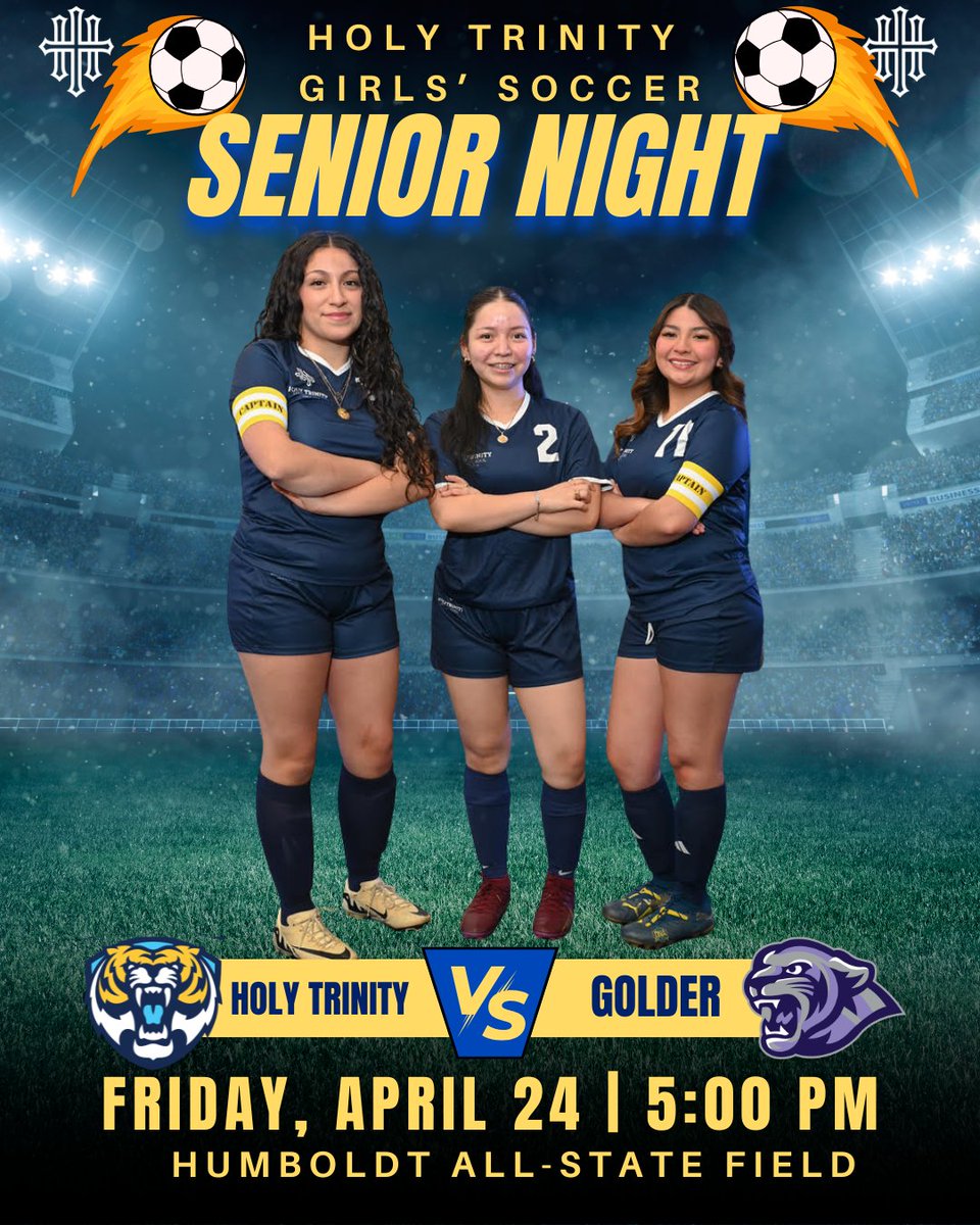HolyTrinityAD's tweet photo. HT GIRLS' SOCCER - SENIOR NIGHT

Tomorrow! FRIDAY, APRIL 24TH

📍Location: Humboldt All-State Field
⏰Game time: 5:00PM
🆚Opponent: Golder HS
🎓Senior Ceremony: After the game—around 6:30PM!
🎟️Tickets: Admission is FREE!

@HolyTrinityChi https://t.co/W64lSNt5Mq