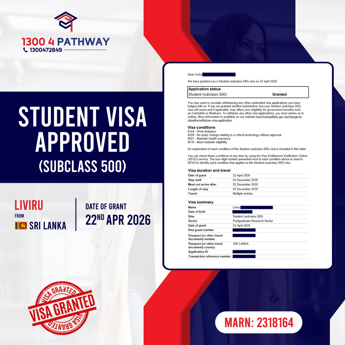 pathway_edu_au's tweet image. 🌟👨‍🎓 Celebrating Liviru's Visa Success Story!

#visa #Successstories #studentvisa #visagranted #subclass500 #VisaSuccess #EducationConsultation #MigrationServices