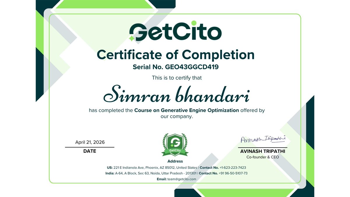 SimranB14577152's tweet photo. Just completed my AEO &amp; GEO certification from GetCito 🎓

Search is shifting from Google → AI (ChatGPT, etc.)

Learned:
• AI content selection &amp; citations
• Answer Engine Optimization (AEO)
• GEO strategies for AI visibility
#SEO #AISEO #GEO #AEO https://t.co/6tgnmvxof1