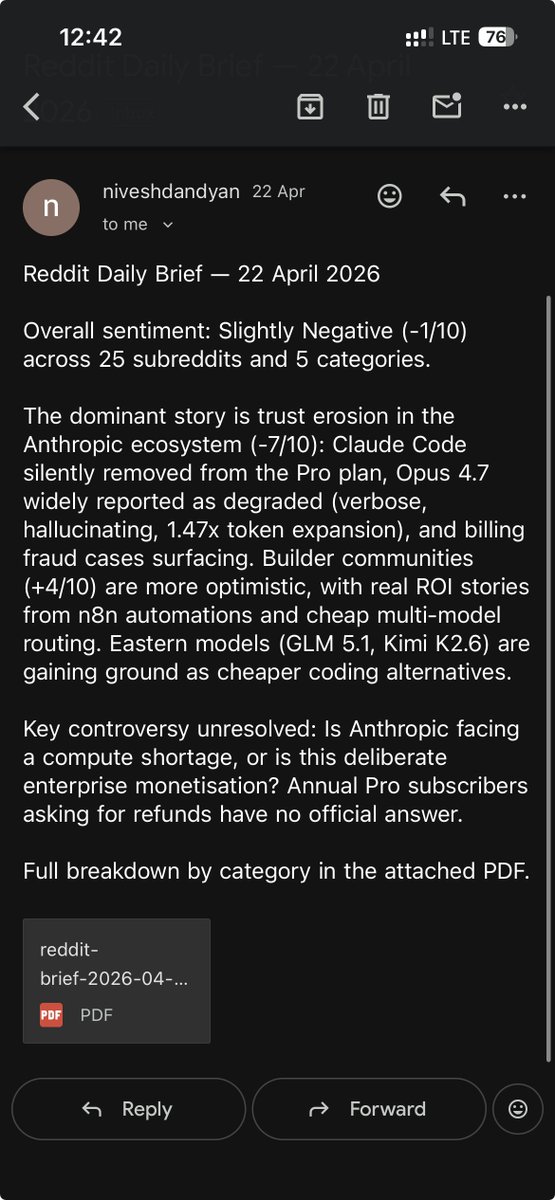 ND6598's tweet photo. I haven't opened Reddit in 30 days.

I still know exactly what happened on r/ClaudeAI, r/LocalLLaMA, r/OpenAI, and 22 other communities. Every day.

Here's what runs while I sleep:

- Logs into my Reddit account
- Reads every post + comments from 25+ subreddits
- Uploads everything into NotebookLM
- Asks @NotebookLM : mood, drama, top threads, frustrations
- Generates a PDF report 
- Scores the overall AI community sentiment: -10 to +10
- Emails it to me at 7 AM

I wake up, read few lines in my inbox, and already know what the AI internet argued about overnight.

Built on @happycapyai