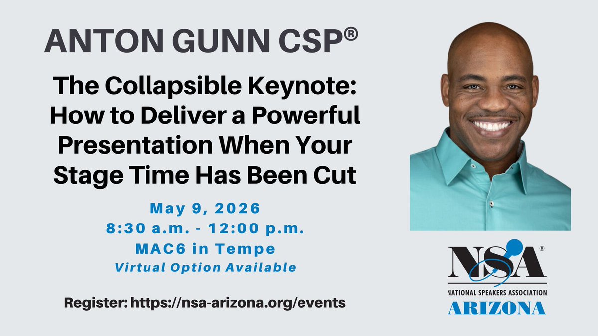 NSAAZ's tweet photo. In this dynamic session, Anton Gunn, CSP® will share his field-tested strategies for “collapsing” your keynote content to ensure you deliver an impactful, memorable presentation. Register: https://t.co/qTPjgN4S38 
#nsaaz #nsaarizona #nsaspeaker #keynotespeech https://t.co/hJ25tIqZmE