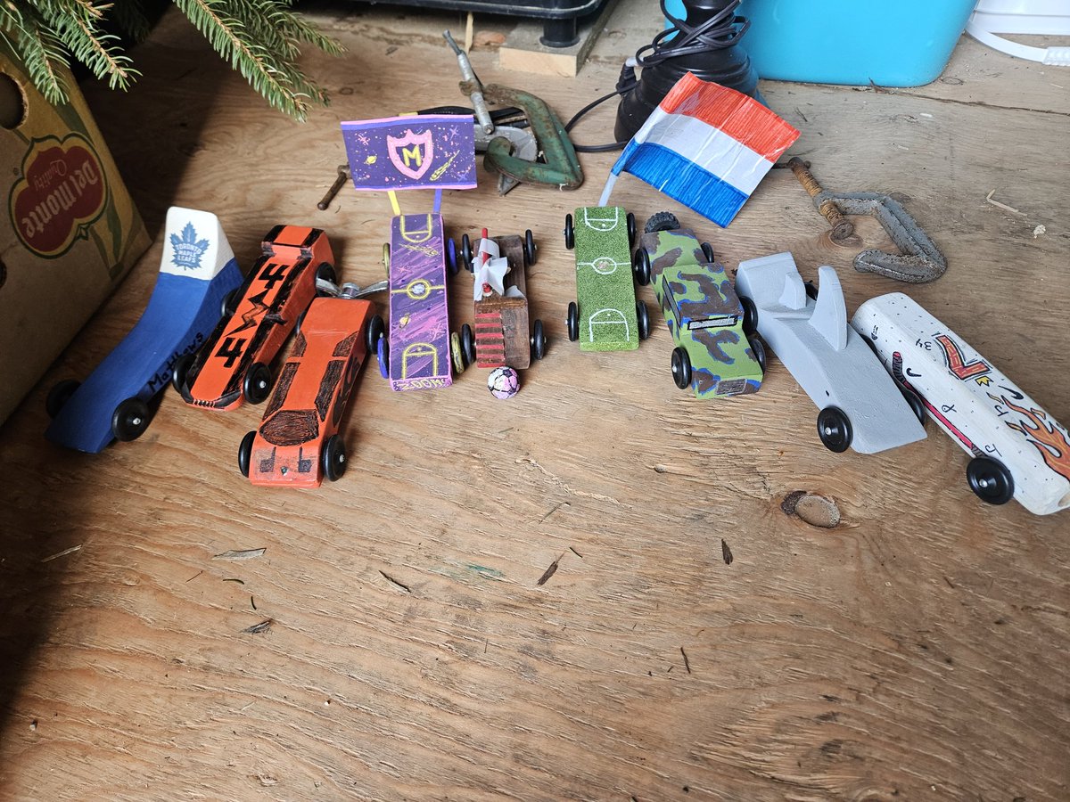Getting ready for the races ! 
Tonight's the night ! 
(Here is Jake and Micah's cub cars from the past 6 years with Cadets Boys Club.  MRCC)