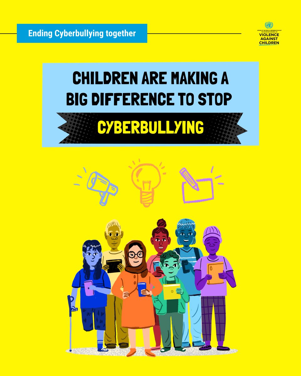 UN_EndViolence's tweet photo. Children are not just victims of cyberbullying.
They are part of the solution.

Around the world, children are raising awareness, helping improve laws, designing safer technologies, and creating peer-to-peer tools.

One child suggested changing the word "Report" on social media platforms to "I have a problem with this post" - and as a result, more children started reporting cyberbullying.

On #GirlsInICT Day, we empower girls who are already shaping that future - using technology and their voices to make the digital world safer for everyone.

Read our child-friendly report on Ending Cyberbullying Together here: https://t.co/55EnBKjy5q

#EndCyberbullying #ProtectChildrenOnline #HRC61 #GirlsInICT #AIforDevelopment