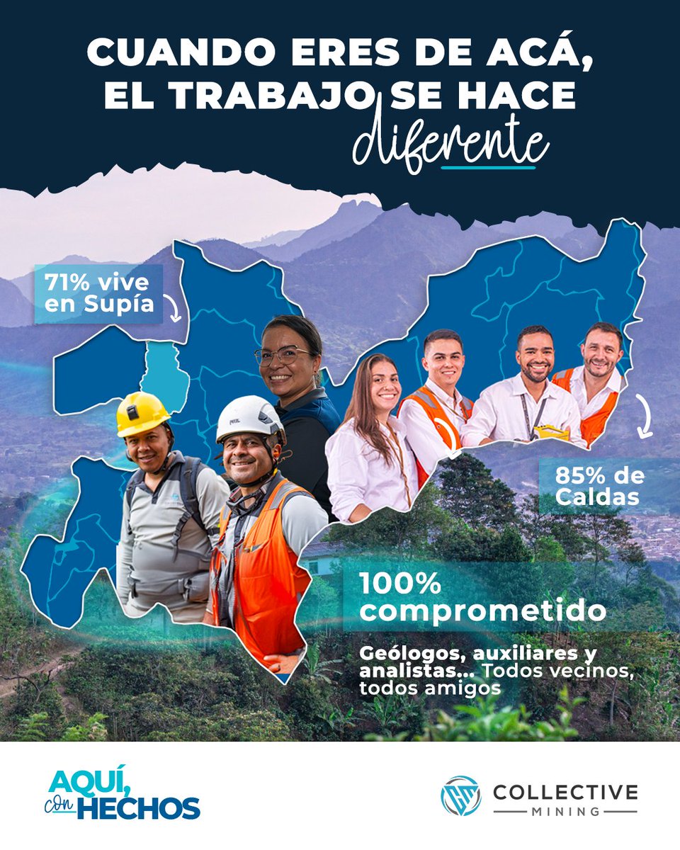 Collective_Col's tweet photo. #AquíConHechos | El equipo que hace posible todos nuestros avances viene de este territorio. Aquí exploramos a la vez que construimos oportunidades para la gente. Somos vecinos, somos familia, somos equipo. 💙 El 100% de nuestro compromiso está con Supía, Marmato y Pácora.
Porque cuando eres de acá… el trabajo se hace con el corazón.