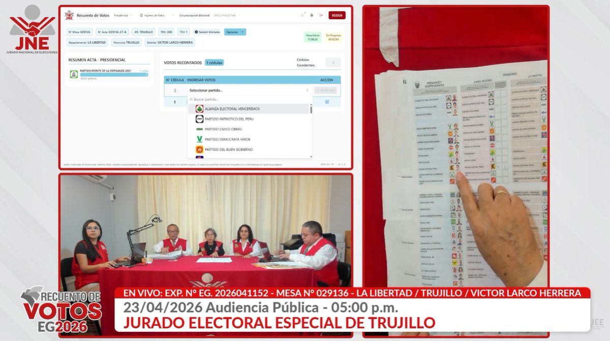 JNE_Peru's tweet photo. #EnVivo | #EG2026
Audiencia pública de recuento de votos de actas observadas. 
📍Jurado Electoral Especial de Trujillo⚖️. 
Mesa de sufragio N° 029136 / La Libertad – Trujillo - Víctor Larco Herrera.
👉 https://t.co/O8frruSaeu

#RecuentoTransparente #TuVotoSeRespeta https://t.co/nbScl0dE5R