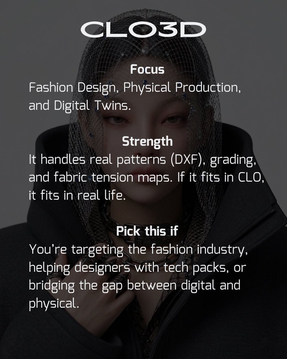 theAmyTeahouse's tweet image. Starting your digital fashion journey but stuck between these two? Though they share the same DNA, their ”personalities“ are worlds apart. Here’s the lowdown:
#DigitalFashion #CLO3D #MarvelousDesigner #3DModeling #FashionDesign