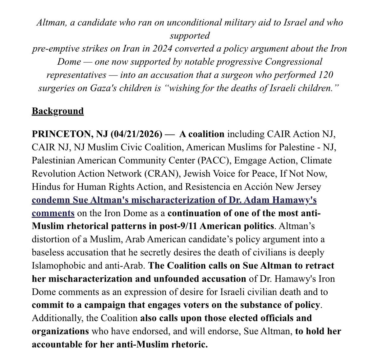 prem_thakker's tweet image. Dr. Adam Hamawy (a vet who saved Duckworth's life in Iraq &amp;amp; saved lives in Gaza) said Iron Dome insulates Israel from making peace.

His NJ-12 opponent Sue Altman said he’s "cheerleading and wishing” for dead Israeli kids.

Coalition of Muslims, Jews, Hindus slam Altman’s smear: