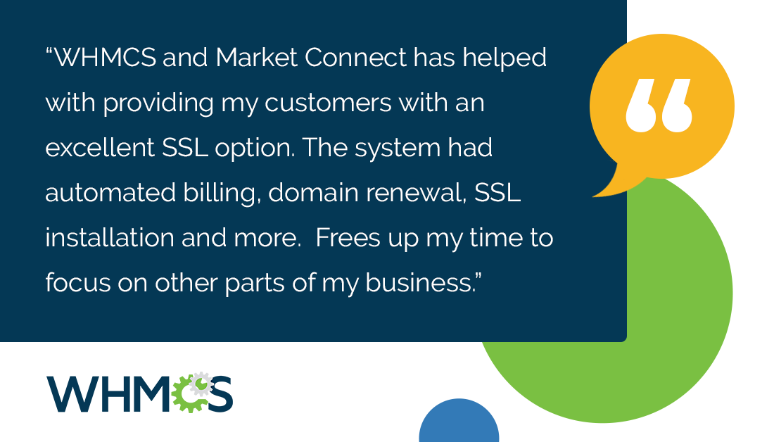 whmcs's tweet image. “WHMCS + MarketConnect = automation that frees up my time.” 

From SSL installations to auto billing &amp;amp; renewals, everything just works. 
Less stress, more scale. 

#WHMCS #ClientTestimonial #BillingAutomation #HostingAutomation #WebHosting #TechThatWorks