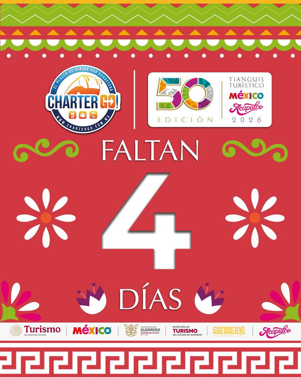 ☀️ Faltan 4 días…

MÉXICO le abre las puertas al mundo del turismo y ahí estaremos presentes para traerles los mejores productos.

La familia CharterGO crece en servicios.

¡Esperen las nuevas noticias, estén atentos a nuestras redes sociales!

#CharterGO!
#TianguisTuristico2026