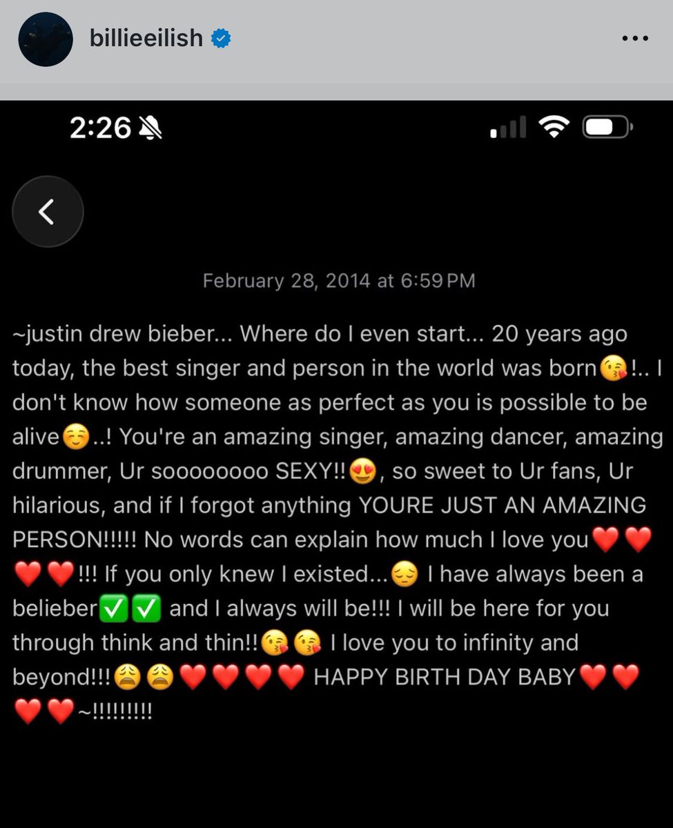 A tradução do texto que a Billie eilish fez desejando feliz aniversário para o Justin em 2014 🤣🥰 Fofa demais!!!