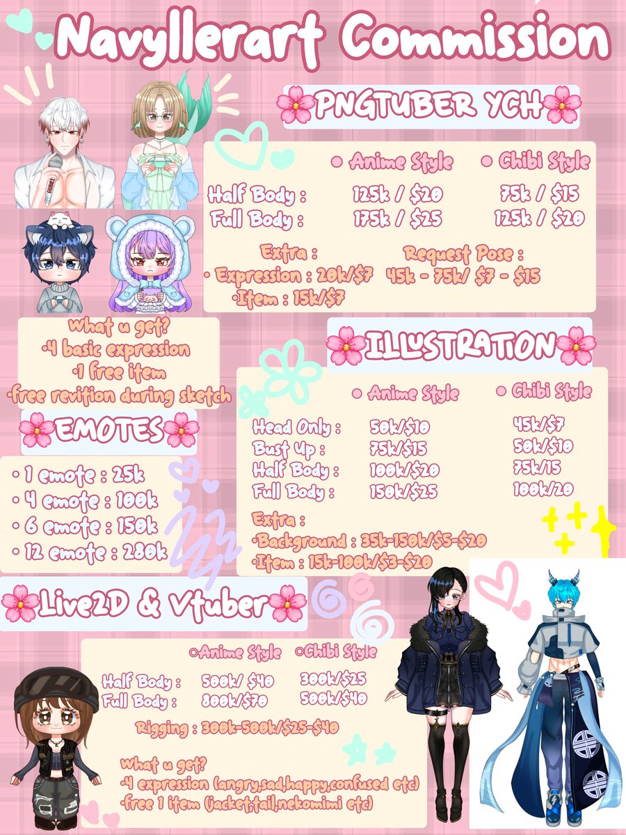 Navyllerart's tweet image. 🌸Commission Pricelist by Navyllerart🌸

Yukkk yang mau jajan boleh dm-dm sini untuk testi bole cek ke akun tiktok aku Navyllerart

#VgenComms #Commissionart #artmoots #artmoot #commissionopen #pngtuber #vtuber #illustration #chibi #anime #fanartㅤㅤㅤㅤ