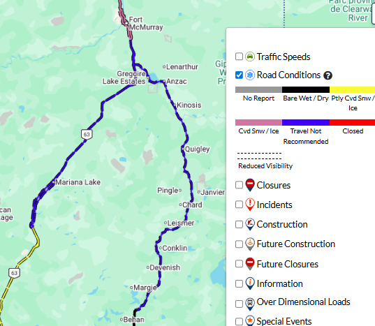 511Alberta's tweet image. Hwy63 &amp;amp; Hwy881, south of Fort McMurray is reported as TRAVEL NOT RECOMMENDED due to adverse weather and road conditions. Delay all non-essential travel until conditions improve.  (4:20pm) #ABRoads #ymm