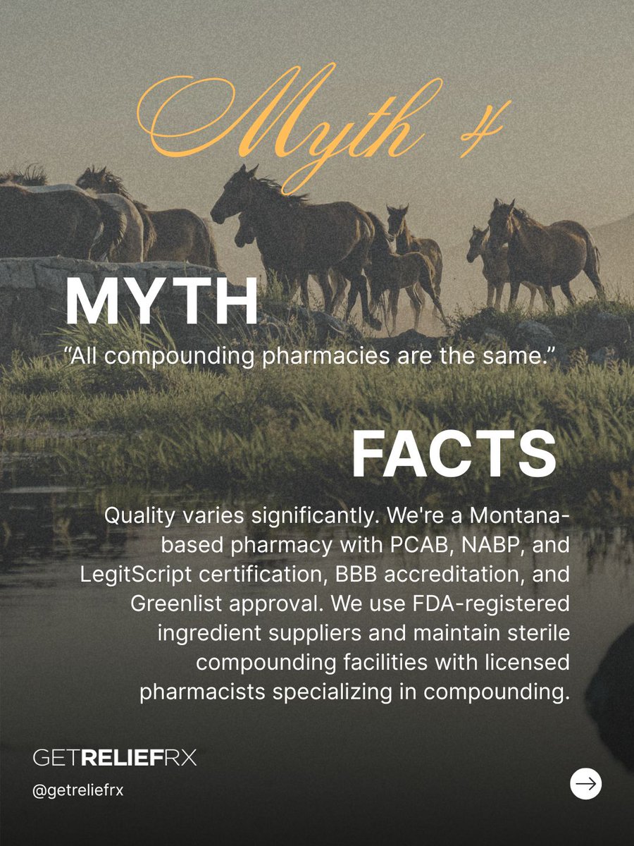 GetRelief_Life's tweet photo. Compounding pharmacy myths vs. facts

Compounding pharmacies have been part of healthcare for centuries, but there's a lot of confusion about what we actually do – and how we're different from retail pharmacies or online vendors selling "compounded" products.

Let's clear up some of the most common myths:

Myth: Compounded drugs aren't regulated. Fact: Compounding pharmacies are licensed and inspected by state boards of pharmacy. We follow strict quality standards, maintain sterile compounding environments, and source all ingredients from FDA-registered suppliers.

Myth: I can get compounded medications without a prescription.
Fact: Every compounded medication requires a valid prescription from a licensed healthcare provider. If someone is selling you compounded medications without requiring a prescription, that's a red flag.

Myth: Compounded medications are just cheaper versions of brand-name drugs.
Fact: Compounded medications are custom-formulated for individual patients when commercially available options aren't suitable. They're not generic substitutes – they're personalized formulations prepared based on a prescriber's specific request.

Myth: All compounding pharmacies are the same.
Fact: Quality varies significantly. Look for pharmacies that use FDA-registered ingredient suppliers, maintain sterile compounding facilities, and employ licensed pharmacists with compounding expertise.

Have questions about compounding? Drop them in the comments. We're here to help you understand how this works.
. . .
#compoundingpharmacy #pharmacyeducation #compounding #pharmacist #pharmaceuticalcompounding #pharmacy #healthandwellness #medication #prescriptionmedication #patientcare #pharmacytechnician #pharmacylife #healthcare #getreliefrx #montanapharmacy #sterilecompounding #qualitymatters #licensedpharmacy #regulatedpharmacy #prescriptionrequired