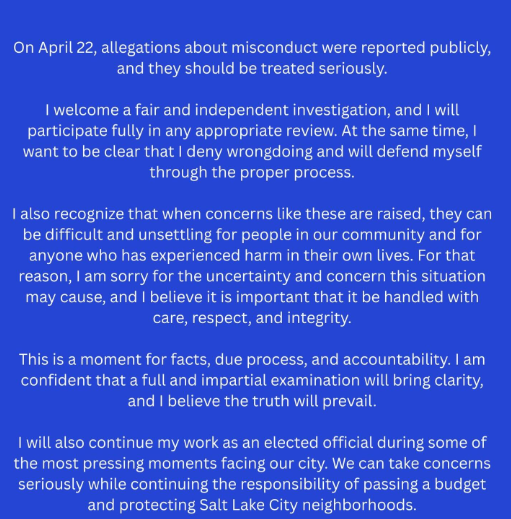 tvheidihatch's tweet image. Statement from Eva Lopez - current Salt Lake City Council- candidate for Utah's CD1 after allegations of unwanted sexual advances from multiple women. 

#utpol