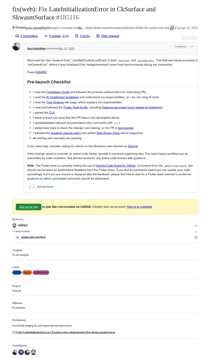 FlutterMerge's tweet photo. "fix(web): Fix LateInitializationError in CkSurface and SkwasmSurface" by Harry Terkelsen was merged into #Flutter master https://t.co/gTFEV9nKiq https://t.co/AlYEA4mtq6