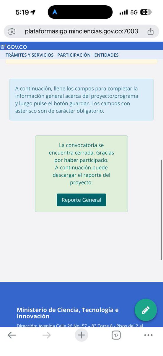 GERMANFLOREZ's tweet photo. Me parece totalmente injusto que @MincienciasCo haya hecho una convocatoria de becas de doctorado y el día de cierre no haya funcionado la plataforma en todo el día y mágicamente después de las 4 si abrió y apareció este aviso. Pido apoyo  @Danielbricen @VelascoNicolasO https://t.co/0XgYxHM9lN