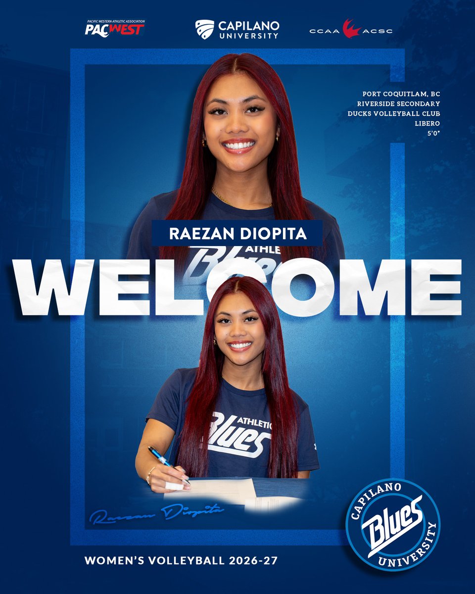 CapilanoBlues's tweet image. Recruit announcement season continues, and the @CapilanoU Blues are happy to announce the signing of our first two women's volleyball recruits, Shilo Robertson and Raezan Diopita.

Congratulations, Shilo and Raezan!

#GoBlues #BleedBlue #CapU