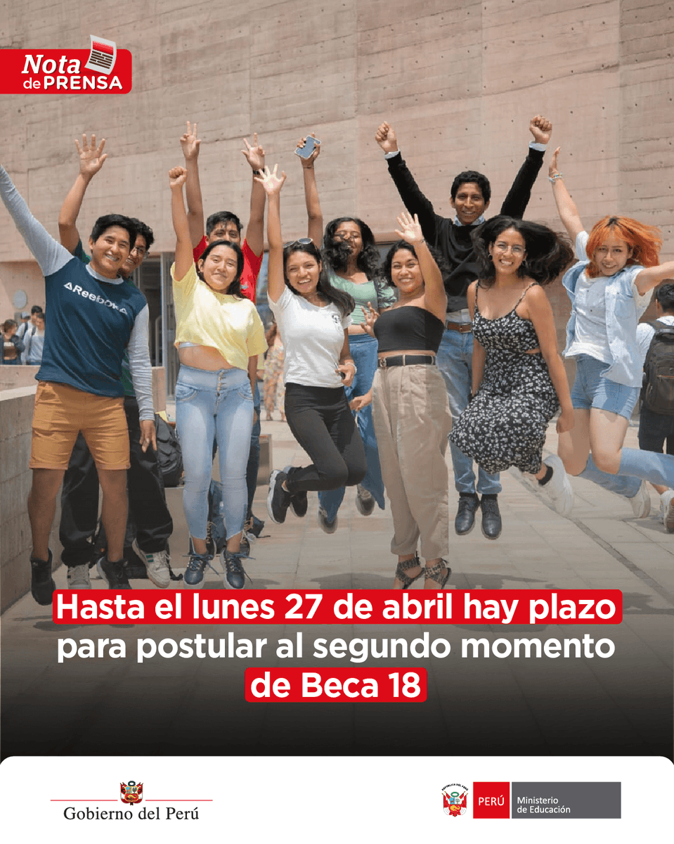 MineduPeru's tweet photo. 🎓 Beca 18: nueva oportunidad hasta el 27 de abril

Los preseleccionados de la convocatoria 2026 que no lograron vacante o no postularon en el primer momento pueden participar en la segunda etapa final para acceder al 70 % restante de las 5184 becas disponibles, mediante postulación virtual y gratuita. 📚

#NDP 👉 https://t.co/hxQYFCOwzr
