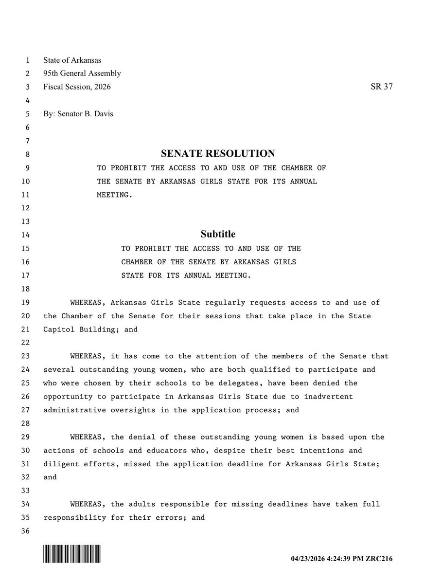 by__daniela's tweet photo. 🚨 #ARPX: A resolution is now on the table to keep Girls State out of the House chamber this year. 
Why? 
Because organizers benched several qualified applicants over a missed deadline—and now lawmakers are pushing back. 

#Arkansas #Politics #GirlsState https://t.co/khCiXSppMQ